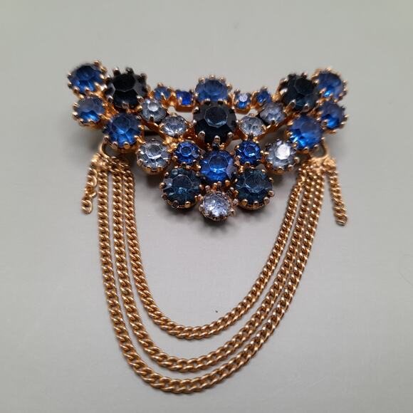 Vintage Karu Arke Austria Blue Rhinestone Chain Dangle Brooch main image 4